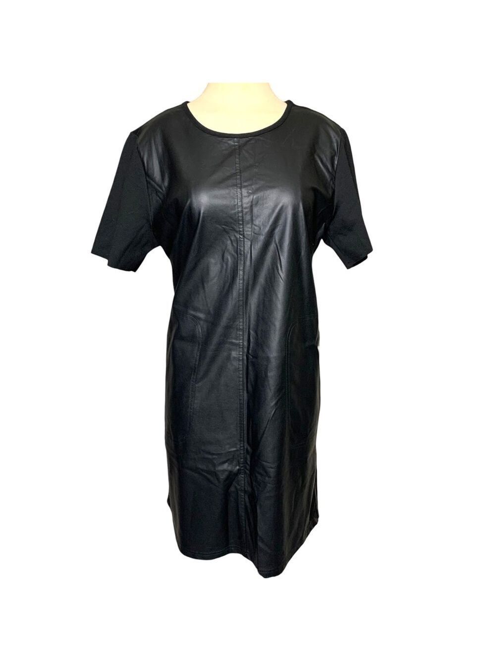 Black Vegan Faux Leather Shirt Dress Sz L Pockets Pullover Shift Minimalist Goth